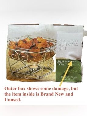 1.5Qt Glass Casserole Dish w Warming Stand Oven to Table Serving Set New